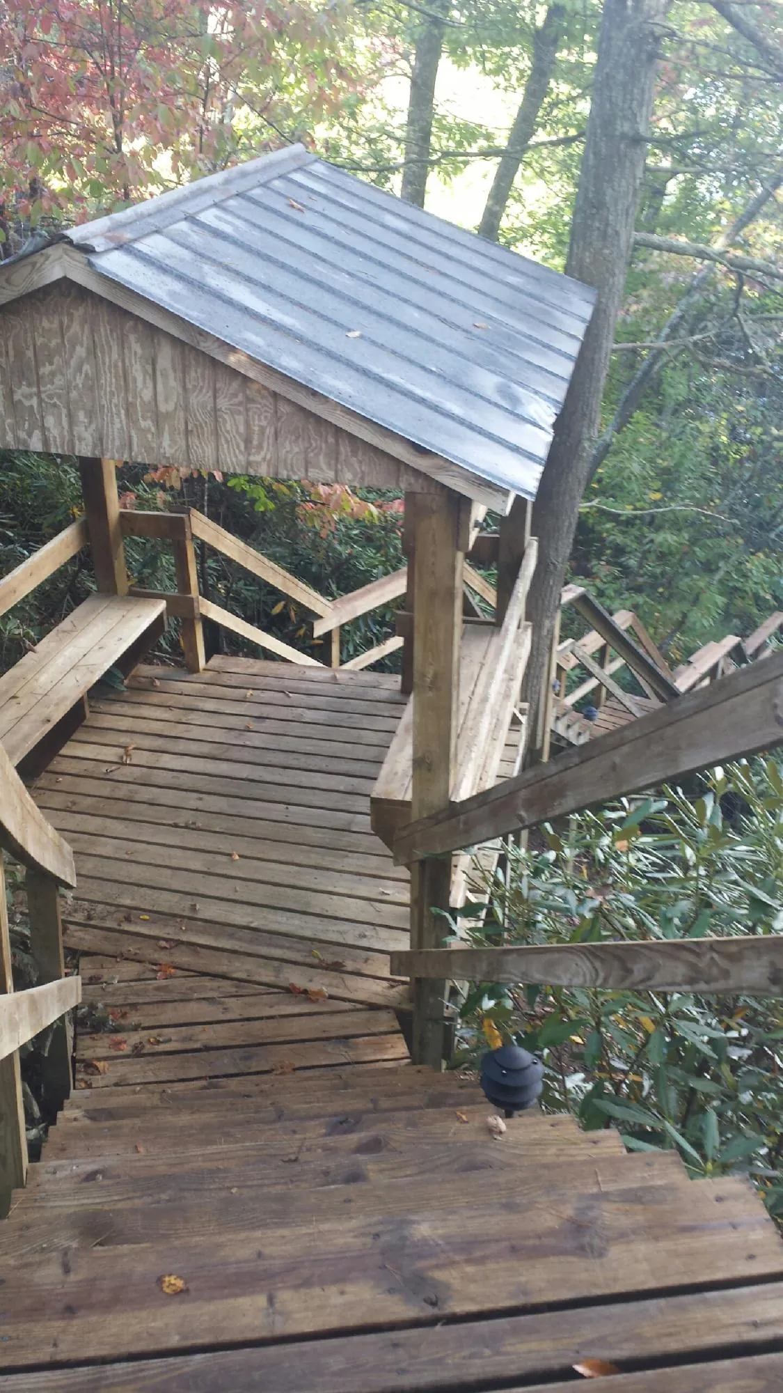 Metal roofed shelter over wooden steps on a wooded walkway — Skylight Repair & Installation work by our crew in Weirsdale